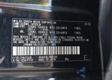 2020 Toyota Rav4 Hybrid Limited z USA, uszkodzony, nr VIN JTMDWRFV8LD533878